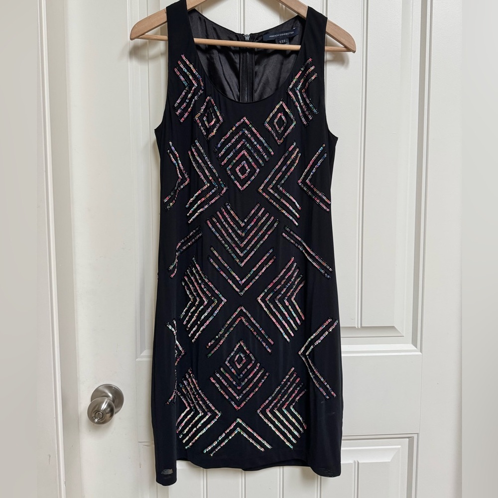 French Connection Black Multi Coloured Sequinned Sleeveless Shift Dress. Size 8